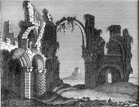 Ruins of the monastery of Lindisfarne, Holy Island, vintage engraved illustration. Colorful History of England, 1837.
