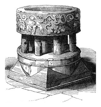 Norman Baptistery of the Church of Hayes, Middlesex, vintage engraved illustration. Colorful History of England, 1837.
