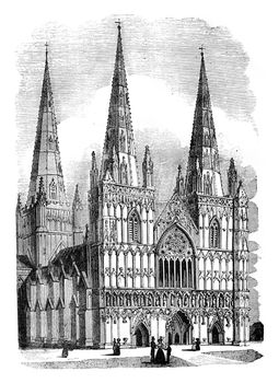 Lichfield Cathedral, vintage engraved illustration. Colorful History of England, 1837.
