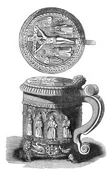 Cup found in the ruins of Glastonbury Abbey, vintage engraved illustration. Colorful History of England, 1837.
