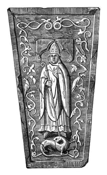 Statue placed on the tomb of the Archbishop of Salisbury, Jocelyn, vintage engraved illustration. Colorful History of England, 1837.
