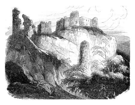 Gaillard Castle ruins, built by Richard the Lionheart, Normandy, vintage engraved illustration. Colorful History of England, 1837.
