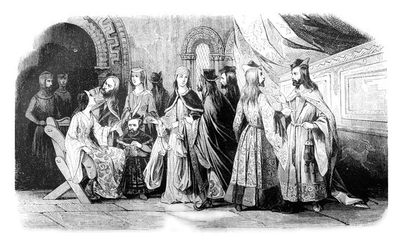 Costumes of the nobility during the reign of John Lackland, vintage engraved illustration. Colorful History of England, 1837.
