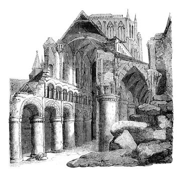 Ruins of Hereford Cathedral, built under John Lackland, vintage engraved illustration. Colorful History of England, 1837.
