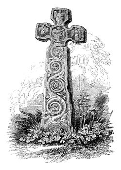 Norman cross placed in the courtyard of the Church of Eyam, vintage engraved illustration. Colorful History of England, 1837.
