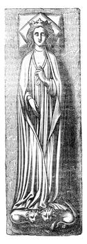 Effigy of Queen Eleanor, placed on his tomb in Westminster, vintage engraved illustration. Colorful History of England, 1837.
