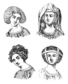 Hairstyles Women, 1315-1320, vintage engraved illustration. Colorful History of England, 1837.
