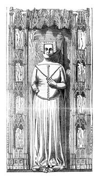 Effigy of Queen Philippa, placed on his tomb in the cathedral of Gloucester, vintage engraved illustration. Colorful History of England, 1837.
