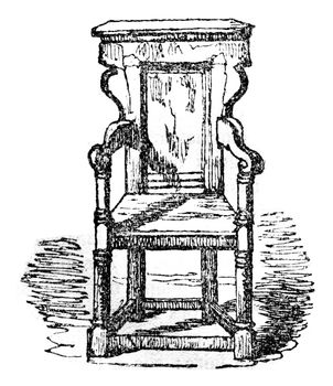 Wycliffe died chair or preserved in the Cathedral of Lutterworth, vintage engraved illustration. Colorful History of England, 1837.
