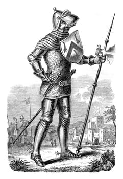 Military costume during the reign of Henry V, vintage engraved illustration. Colorful History of England, 1837.

