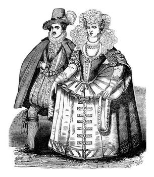 Robert Carr, Earl of Somerset and Lady Essex, his wife, vintage engraved illustration. Colorful History of England, 1837.
