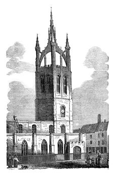 View of the Church of Saint-Nicolas, in Newcastle, vintage engraved illustration. Colorful History of England, 1837.
