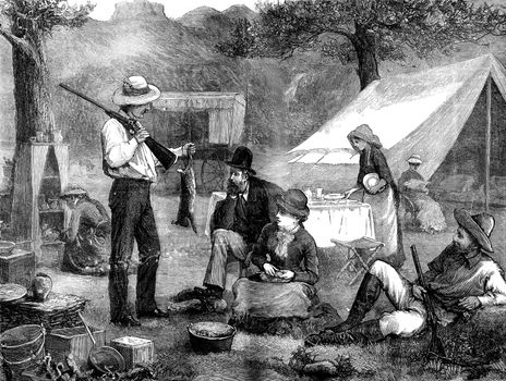 Camp on the banks of the Colorado. Back from hunting, vintage engraved illustration. Journal des Voyages, Travel Journal, (1879-80).