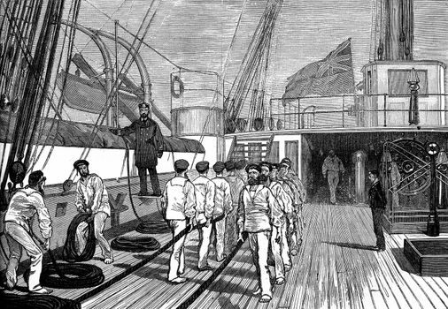 Life on board. The bridge of a ship of war, vintage engraved illustration. Journal des Voyages, Travel Journal, (1879-80).