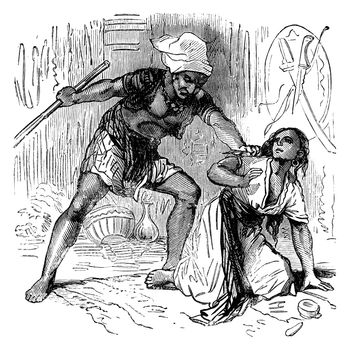 The dramas of India. Abused, insulted because of his good advice, vintage engraved illustration. Journal des Voyages, Travel Journal, (1879-80).