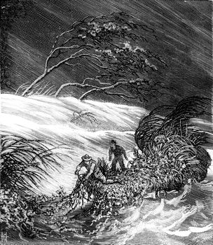 Bandits of the sea. Hurricane, vintage engraved illustration. Journal des Voyages, Travel Journal, (1879-80).