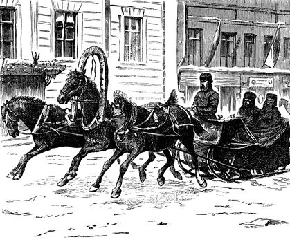 Troika three horses, vintage engraved illustration. Journal des Voyage, Travel Journal, (1879-80).