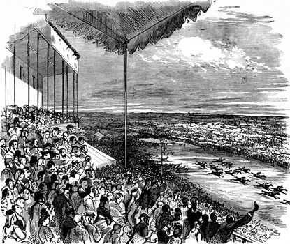 The large stand during a race, vintage engraved illustration. Journal des Voyage, Travel Journal, (1879-80).