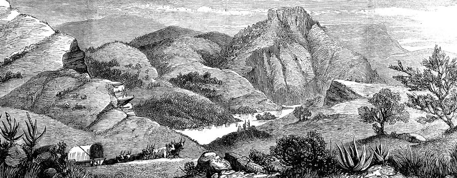 A hunting adventure in America. View of Bear's lake, vintage engraved illustration. Journal des Voyages, Travel Journal, (1880-81).