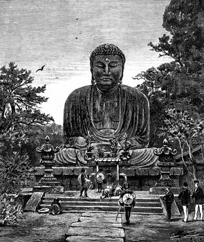 Religious Art in Japan. The giant statue of Buddha, vintage engraved illustration. Journal des Voyage, Travel Journal, (1880-81).