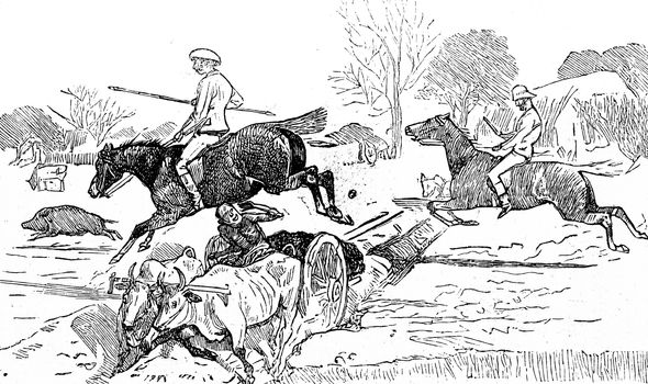 The steeplechase, vintage engraved illustration. Journal des Voyage, Travel Journal, (1880-81).