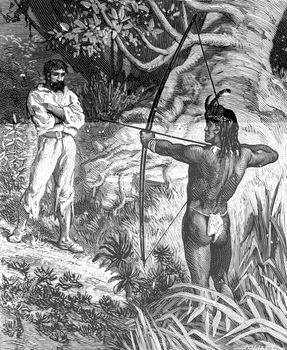 Robinson Crusoe the guyana. A red-skin appeared stretched his bow, vintage engraved illustration. Journal des Voyage, Travel Journal, (1880-81).