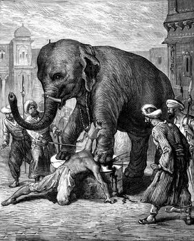 The punishment of a traitor. The elephant crushes his head with a single blow, vintage engraved illustration. Journal des Voyage, Travel Journal, (1880-81).