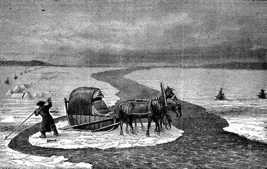 The Baikal lake. The ice bath, vintage engraved illustration. Journal des Voyage, Travel Journal, (1880-81).