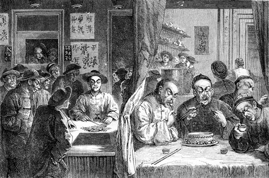 Opium smokers in China, vintage engraved illustration. Journal des Voyage, Travel Journal, (1880-81).