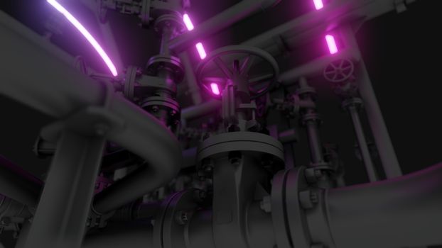 Abstract Industrial Equipment with Neon Lights. Ultraviolet light. 3D illustration