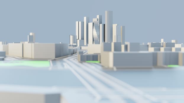 3D illustration. White Futuristic City in sunny day. Sky background