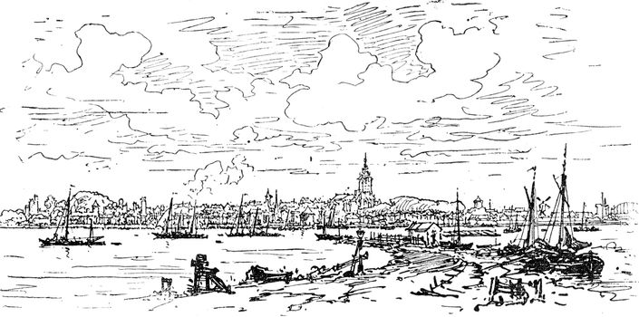 Holland. General view of Nijmegen, vintage engraved illustration. Journal des Voyage, Travel Journal, (1880-81).