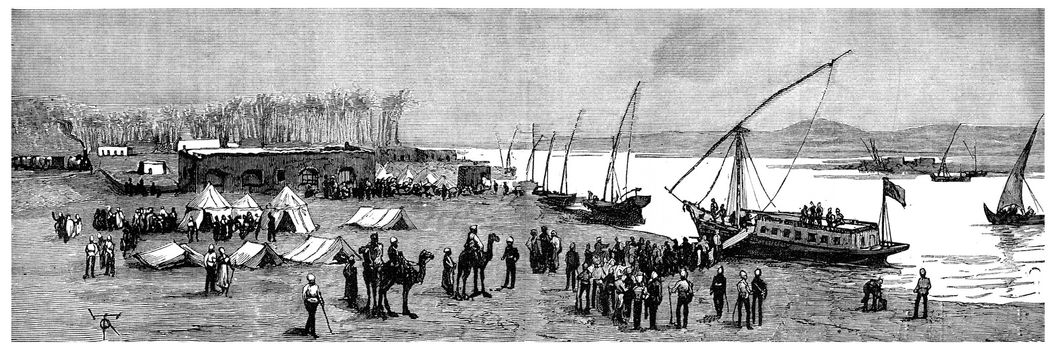 Headquarters of Lord Wolseley on top Nile, vintage engraved illustration. Journal des Voyage, Travel Journal, (1880-81).