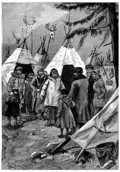 The Cascabel family wanted to get in with the natives, vintage engraved illustration. Jules Verne Cesar Cascabel, 1890.