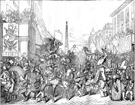 View Corso, in Rome, during the Carnival, vintage engraved illustration. Magasin Pittoresque 1836.
