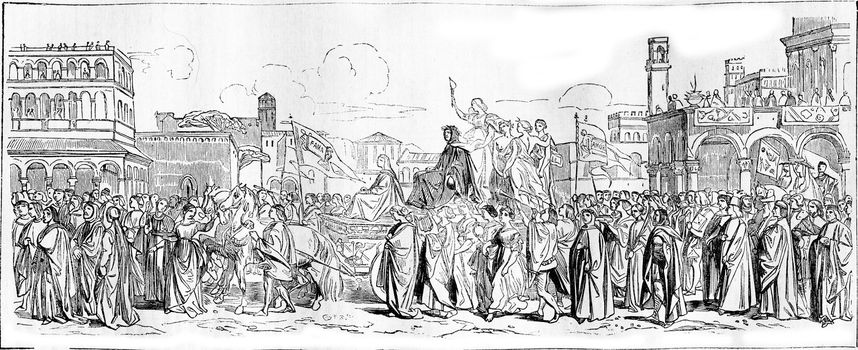 1836 Exhibition of Painting, The Triumph of Petrarch, vintage engraved illustration. Magasin Pittoresque 1836.
