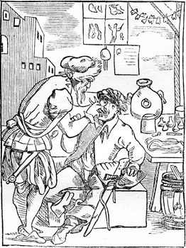 The tooth-puller, vintage engraved illustration. Magasin Pittoresque 1836.
