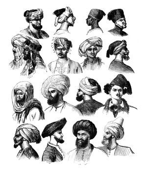 How to adjust the turbans, vintage engraved illustration. Magasin Pittoresque 1841.
