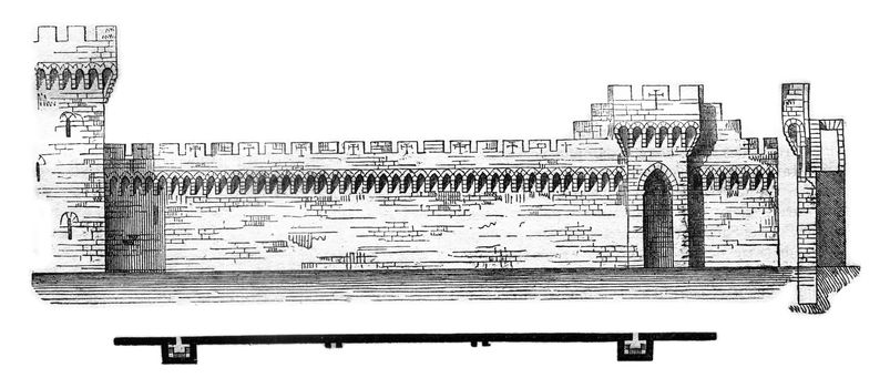 Plan and section of the city walls of Avignon, vintage engraved illustration. Magasin Pittoresque 1841.
