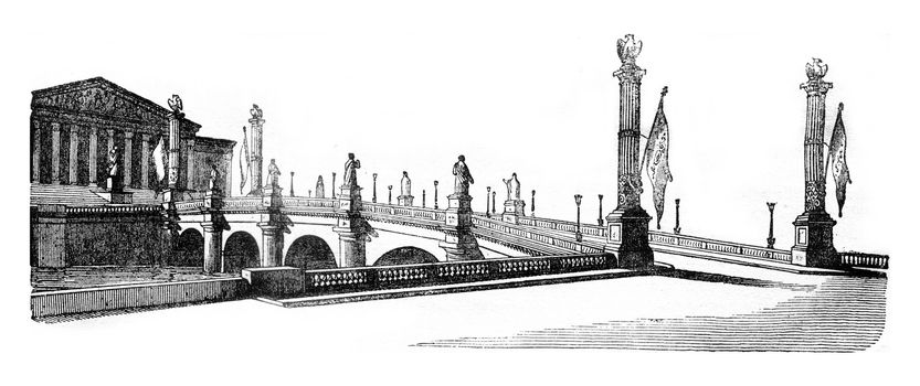 Decorations of the Concorde Bridge and the House of Deputies, vintage engraved illustration. Magasin Pittoresque 1841.
