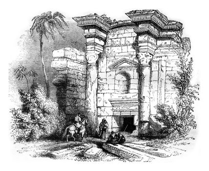 Ruins of a mausoleum, in Philadelphia, in Palestine, vintage engraved illustration. Magasin Pittoresque 1841.
