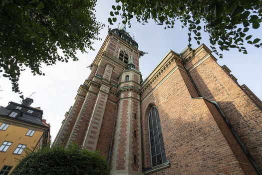 Stockholm, Sweden. September 2019.  the view of the bell tower of the German church seen from below