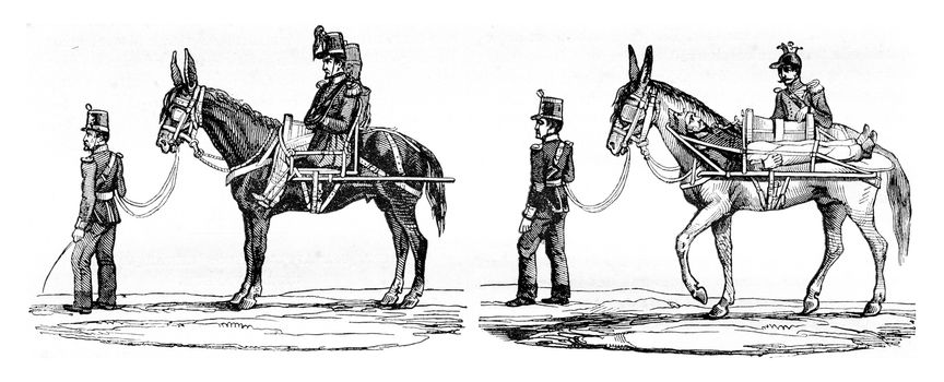 New mode of transportation of wounded soldiers, vintage engraved illustration. Magasin Pittoresque 1842.
