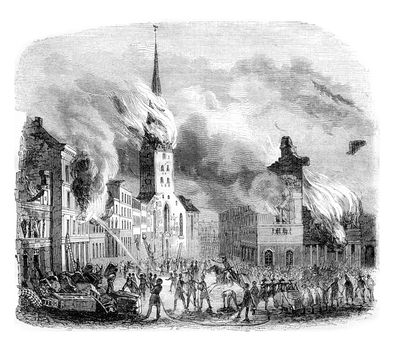 Fire of the church Saint-Pierre, in Hamburg, vintage engraved illustration. Magasin Pittoresque 1842.
