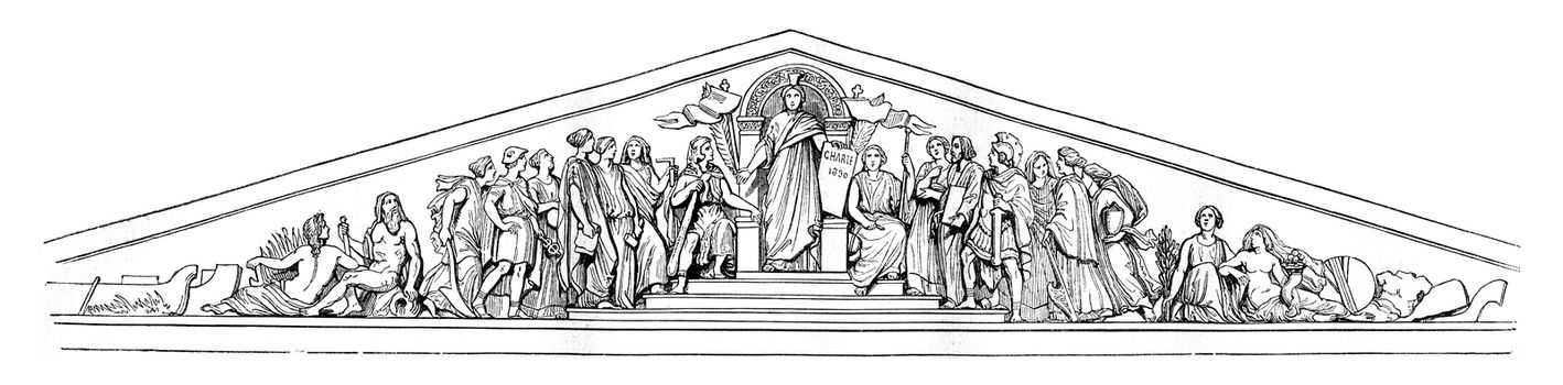 Pediment of the Chamber of Deputies, vintage engraved illustration. Magasin Pittoresque 1842.
