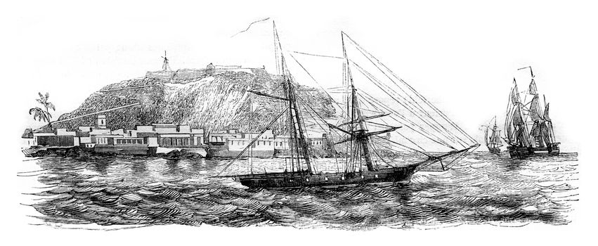 Gorce Island, East Point, vintage engraved illustration. Magasin Pittoresque 1843.
