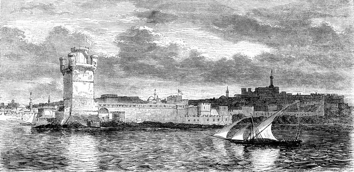 Island of Rhodes, View of Rhodes, vintage engraved illustration. Magasin Pittoresque 1844.
