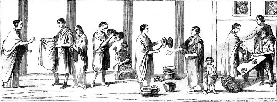 Market, Potters, Draper, Patissier, vintage engraved illustration. Magasin Pittoresque 1867.

