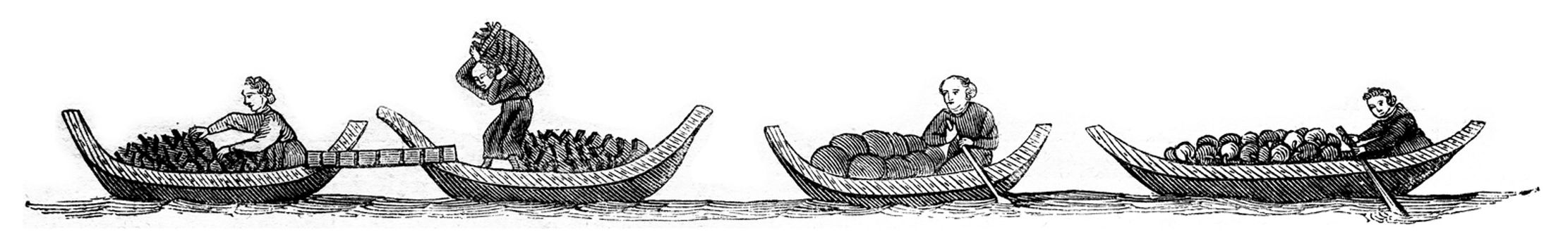 Port coal, fruits boats, vintage engraved illustration. Magasin Pittoresque 1846.
