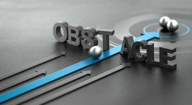 3D illustration of a blue arrow breaking the word obstacle, Concept of motivation and success.